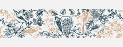 Spring seamless pattern in sketched style. Hand drawn birds, flowers, blooming branches ribbon. Almond, willow, rowan, currant, japanese quince, lilac, cherry blossom sketches vintage background